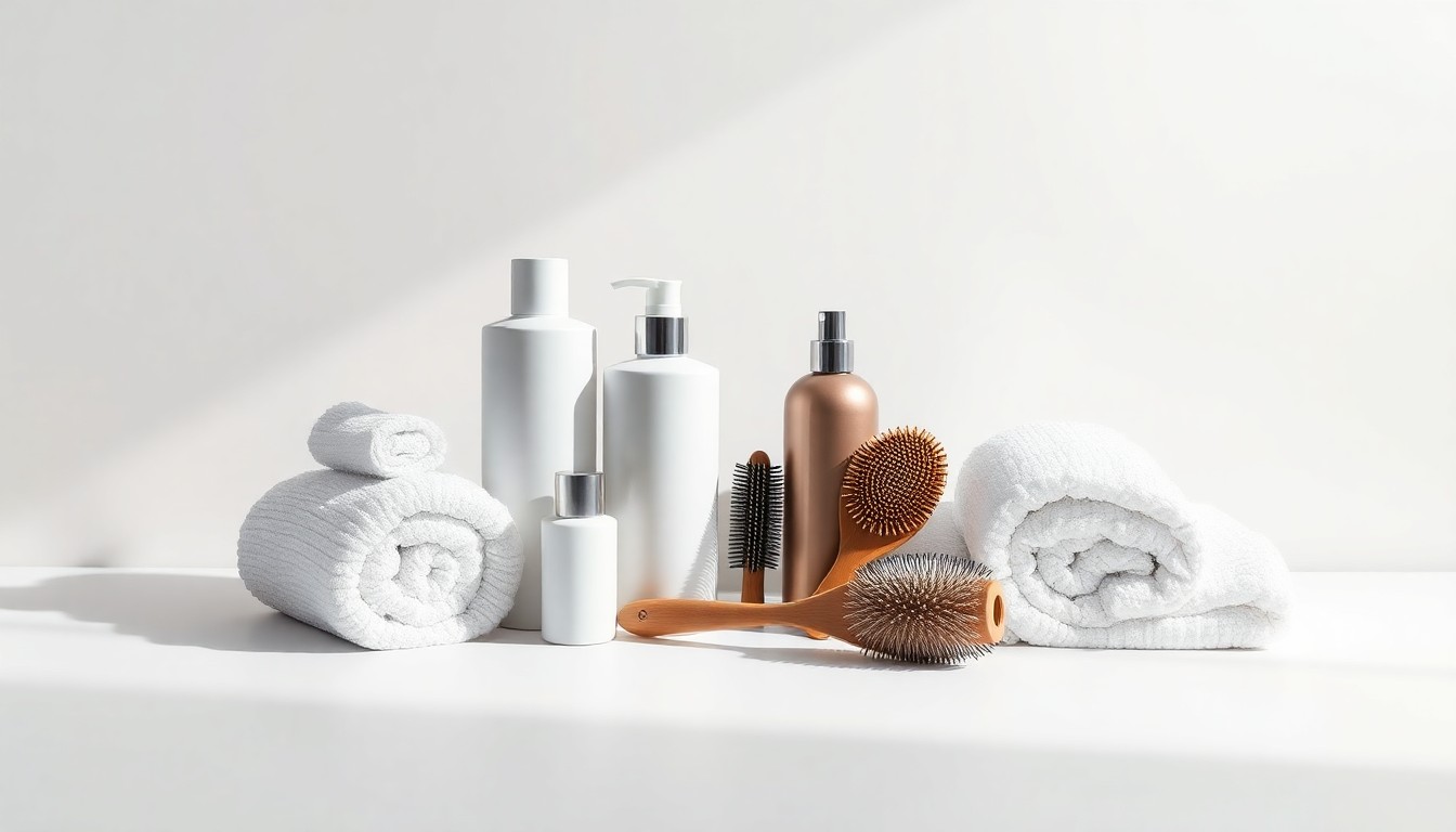 A high-end, photorealistic studio still-life photograph featuring an elegant arrangement of premium salon and spa products, such as shampoo bottles, hairbrushes, and plush towels, on a clean, monochromatic background with dramatic lighting and sharp shadows.