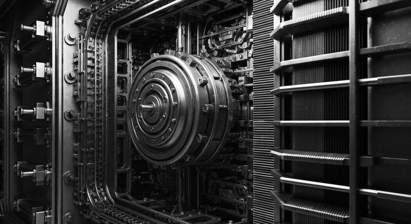 A high-contrast black and white close-up image of the complex internal mechanisms and secure storage systems of a modern banking vault, representing the institutional power and financial security of Morgan Stanley's new Bitcoin ETF.
