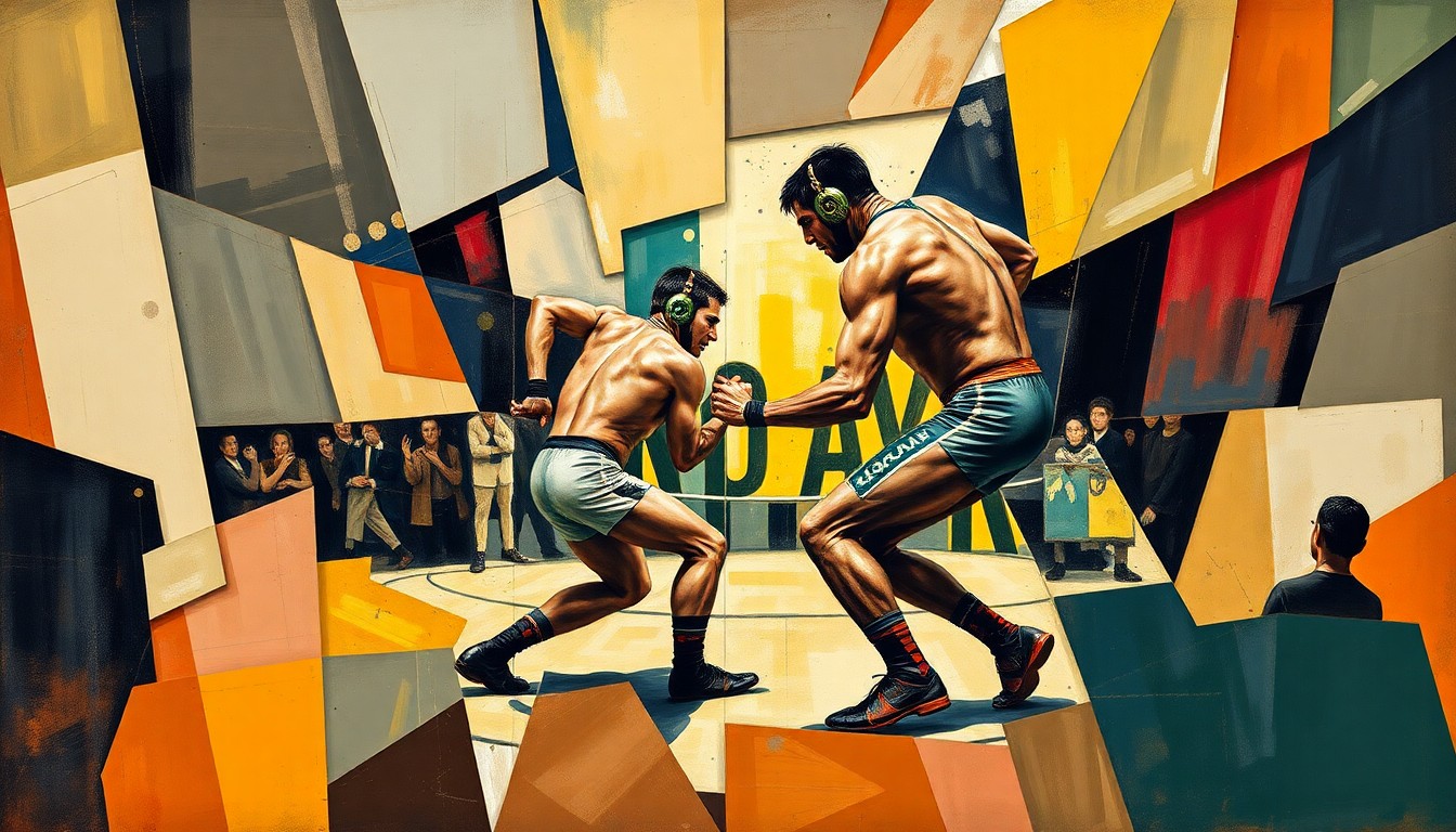 A cubist-style painting depicting a wrestling match or competition, with the action broken down into sharp, overlapping geometric shapes and planes in a vibrant color palette.