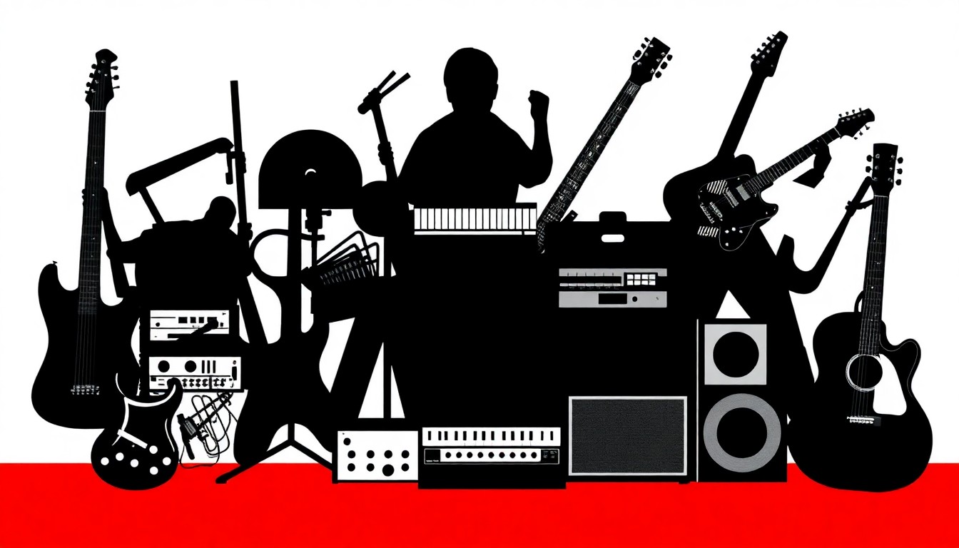 An abstract composition of black silhouettes representing various music equipment and instruments, set against a high-contrast background of solid red and white colors, conceptually illustrating the preservation of a unique collection of live music recordings.
