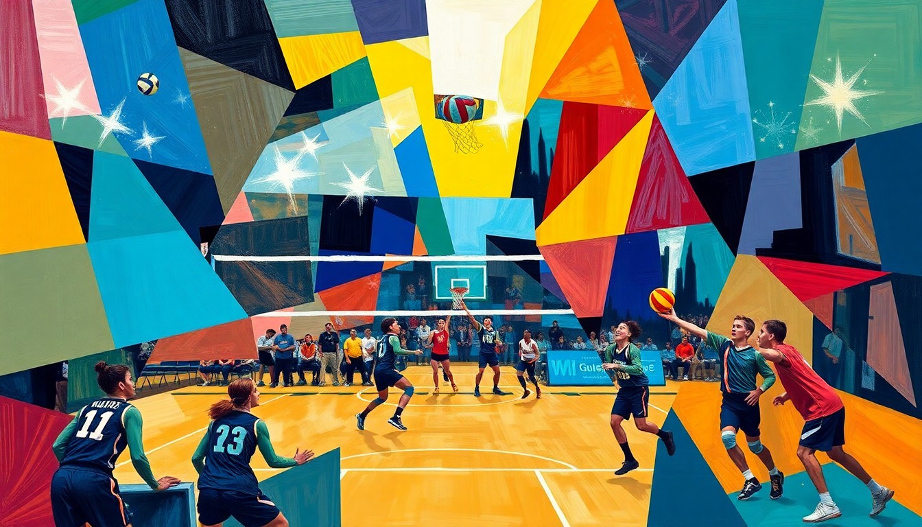 A fragmented, geometric painting in bold colors representing the dynamic action of a volleyball game, conveying the conceptual idea of a program elevating its competitiveness through a coaching change.
