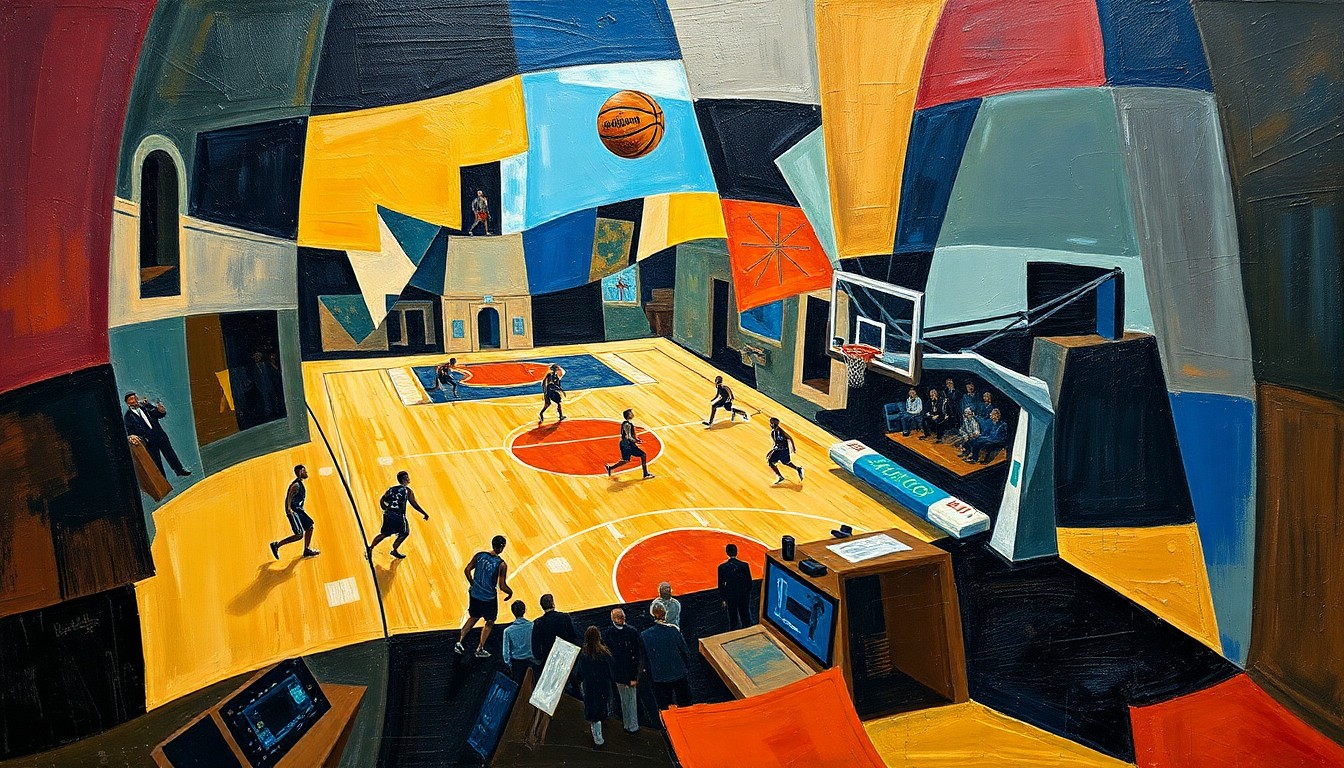 A cubist, geometric painting depicting fragmented and overlapping shapes representing a basketball game, conveying the strategic rebuilding process the Bulls organization is undertaking.