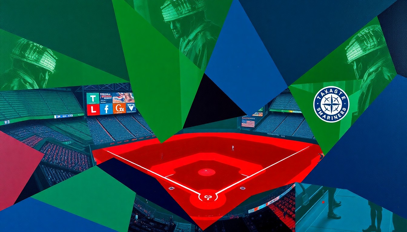 A fragmented, geometric painting in shades of blue, green, and red, depicting the action and movement of a baseball game in an abstract, cubist style.
