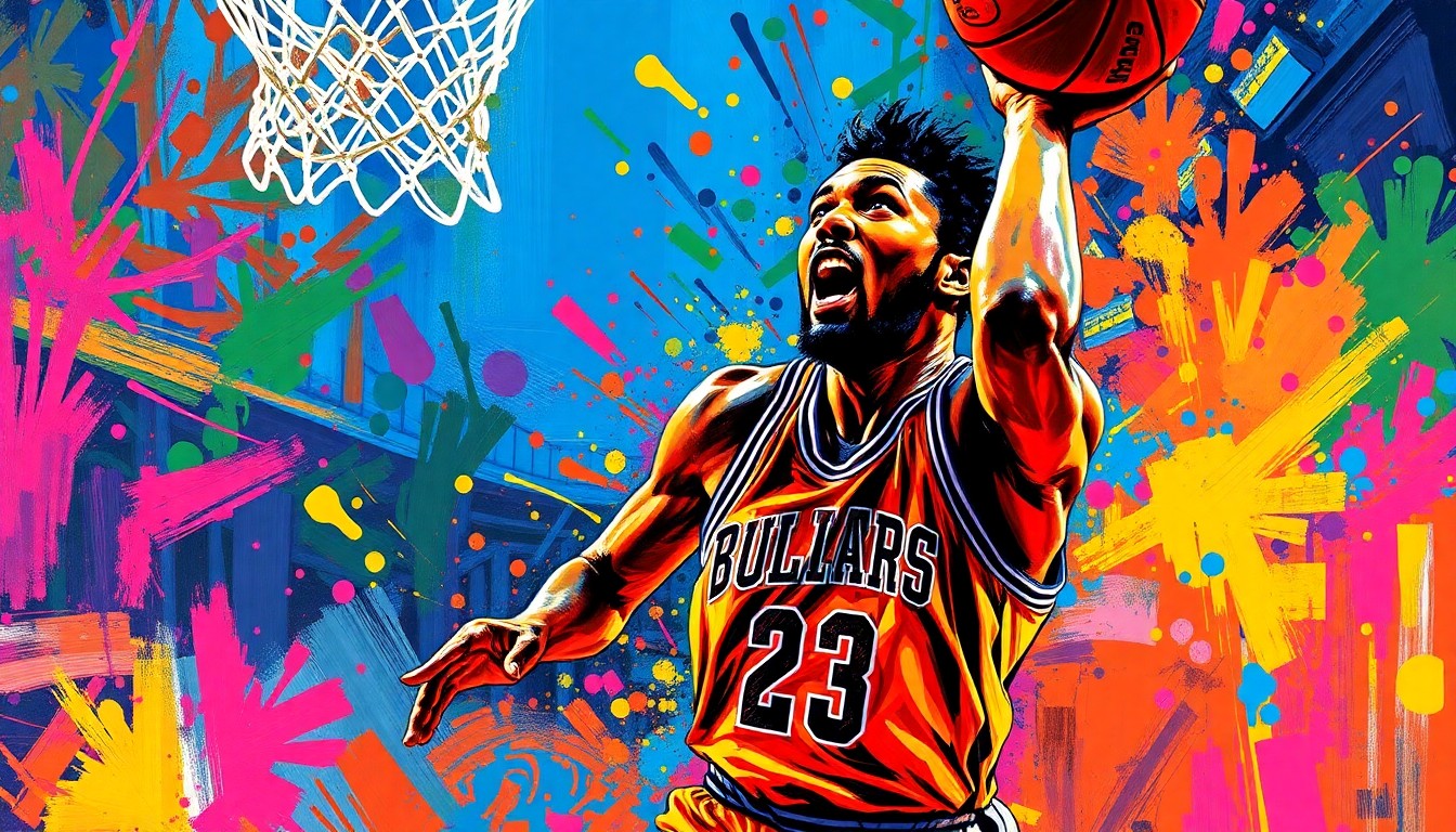 An abstract, expressionist painting in vibrant neon colors depicting the dynamic movement and energy of a basketball player driving to the hoop, their face and uniform details obscured by the rapid brushstrokes.