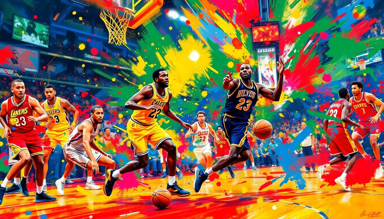 A vibrant, expressionist painting depicting the raw energy and athleticism of a fast-paced NBA basketball game, with players' movements and the ball dissolving into unrecognizable splatters of neon color.