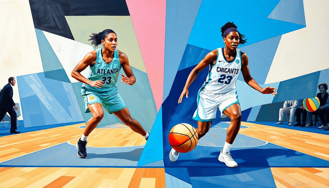 A fractured, cubist-style painting depicting the abstract forms and shapes of WNBA players in motion, with the court and ball also fragmented into geometric planes, representing the competitive energy and strategic complexity of professional basketball.