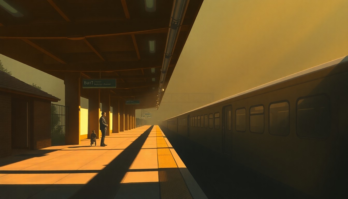 A serene, cinematic painting depicting a BART train station platform with a lone figure standing in the warm, golden light, conveying a sense of quiet contemplation and civic engagement.