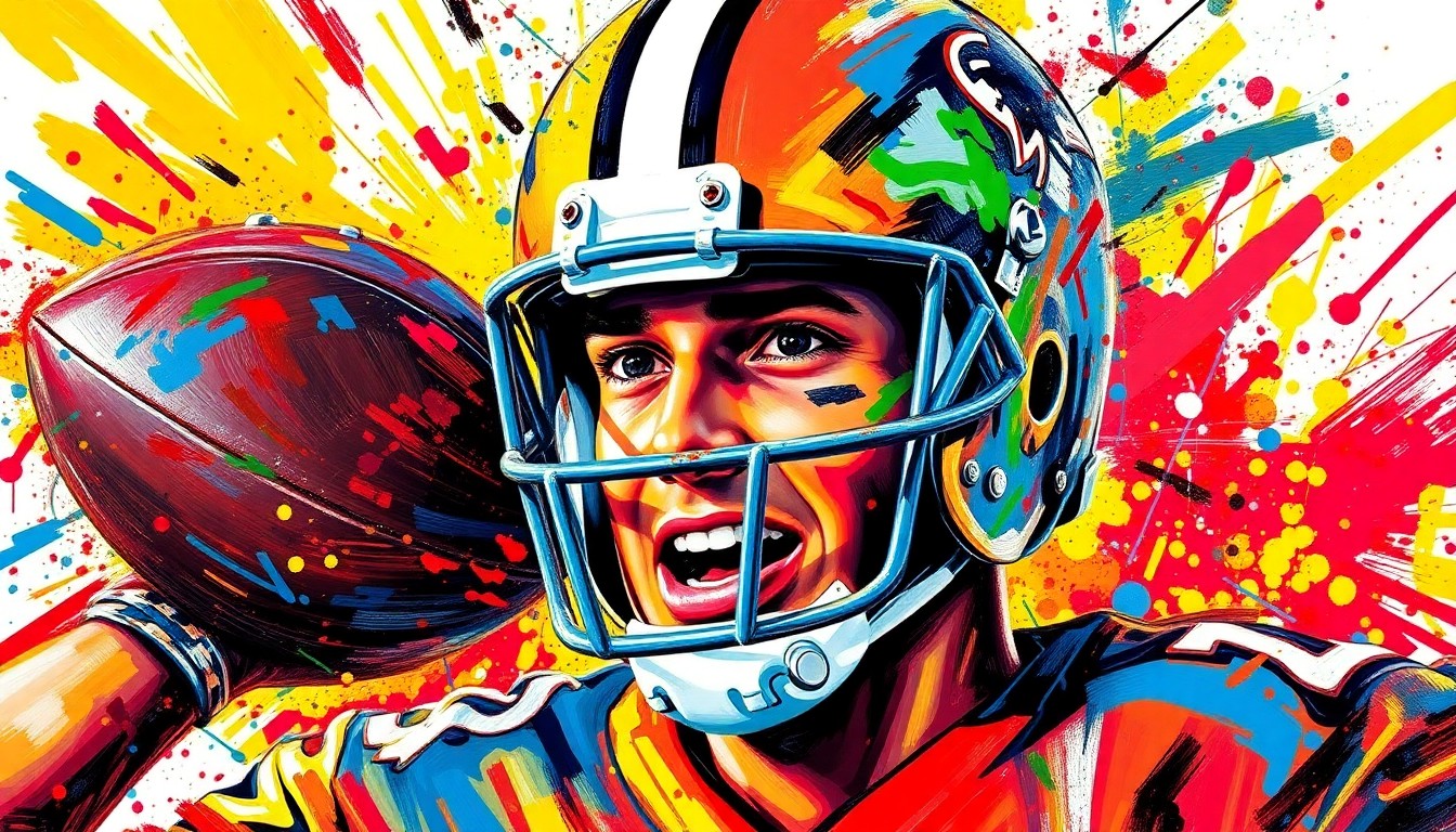 An abstract expressionist painting in neon colors, with rapid brushstrokes capturing the raw excitement and emotion of a football player being drafted into the NFL, their face obscured in the dynamic movement.