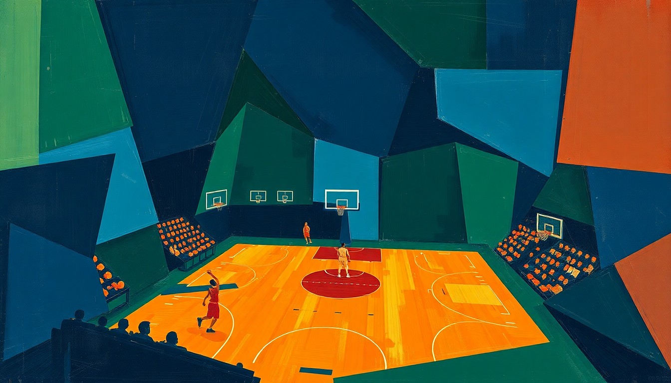 Lukisan kubisme yang menggambarkan lapangan bola basket dan pemain, dengan bentuk tajam dan saling tumpang tindih dengan warna navy, hijau, dan oranye, mencerminkan kompleksitas kontroversi seputar pemecatan pemain NBA.