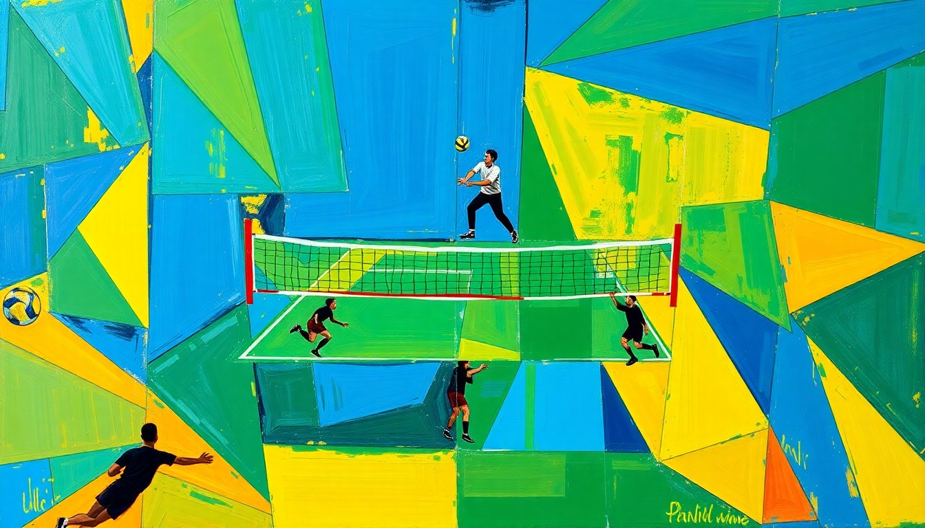 A fractured, cubist-style painting depicting a volleyball match or game, with the players and court broken down into sharp, overlapping geometric shapes in a vibrant color palette, conveying the energy and intensity of the sport.