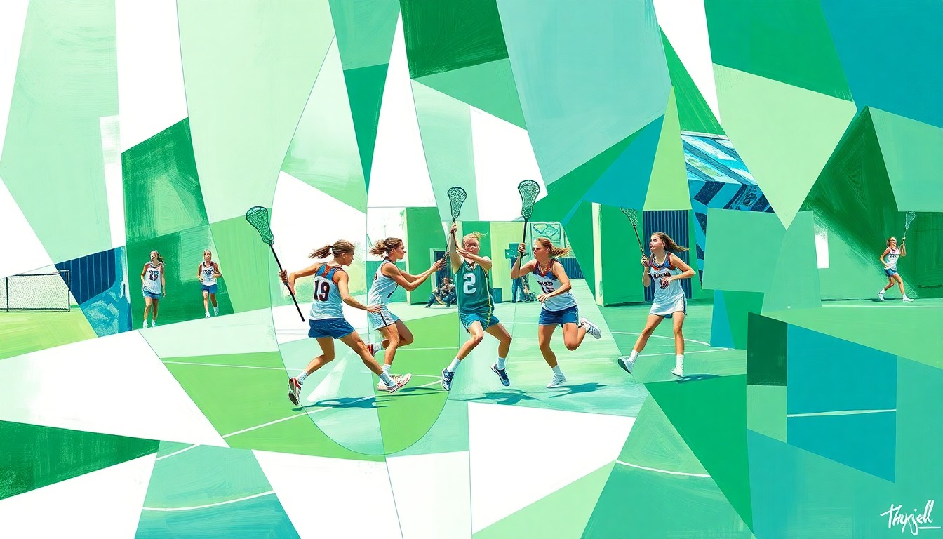 A cubist-style painting depicting a girls lacrosse game, with the players and field broken down into overlapping geometric shapes in shades of green, white, and blue, conveying the dynamic and competitive nature of the sport.