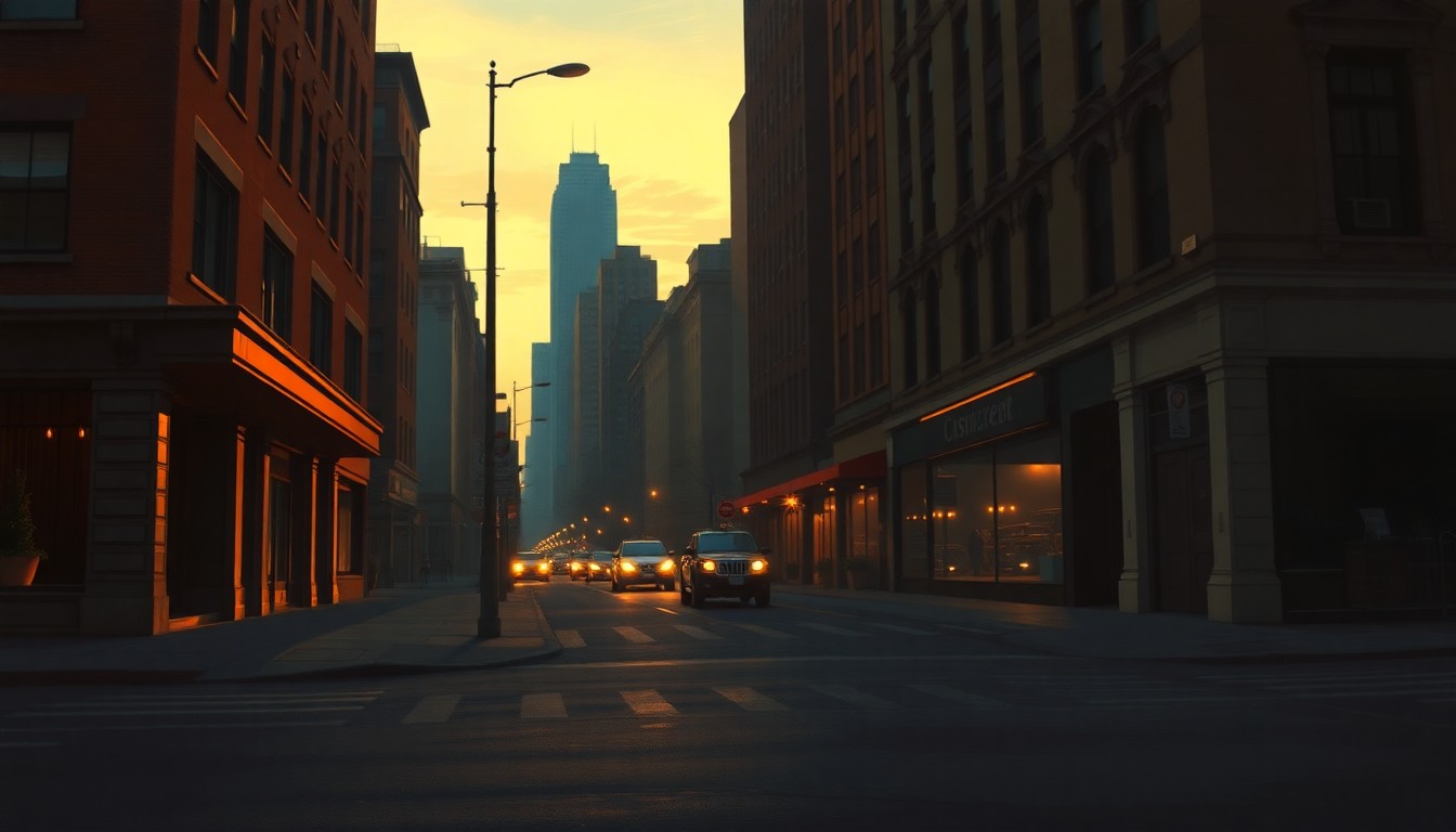 A dimly lit New York City street corner at dusk, with warm sunlight casting long shadows across the pavement and buildings. The scene has a quiet, cinematic quality, evoking a sense of urban solitude and the passage of time.