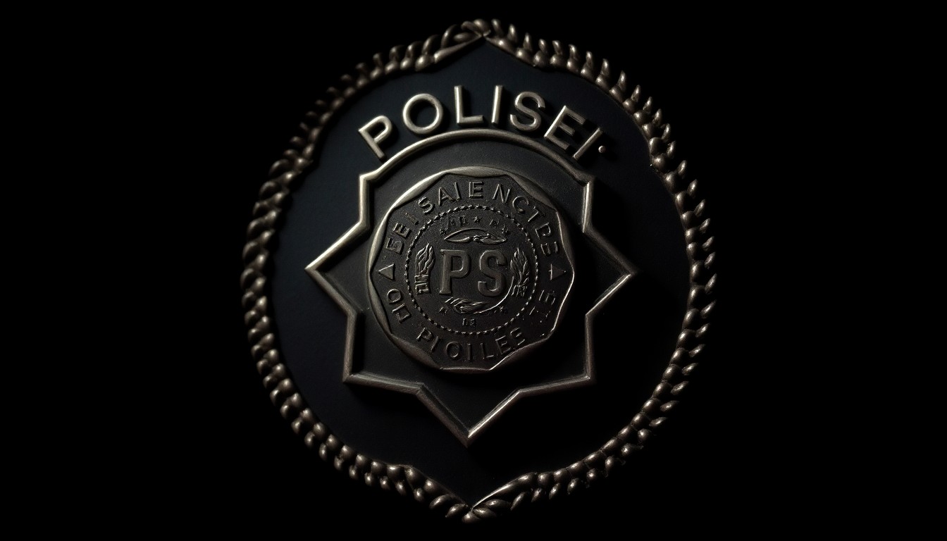 An extreme close-up photograph of a police badge, its metallic surface reflecting the harsh light of the camera flash, conveying a sense of urgency and investigation around a data breach.