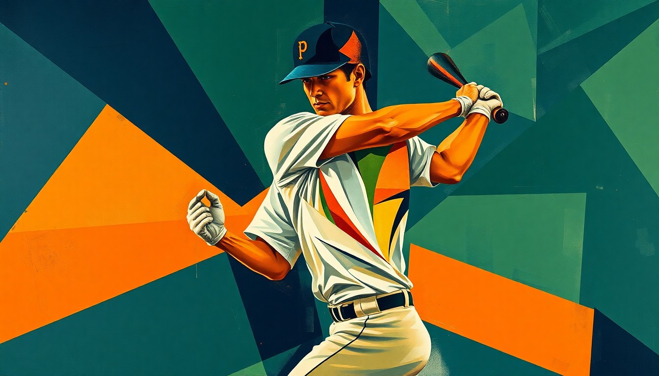 A cubist-style painting depicting a baseball player's swing broken down into geometric shapes and planes in a palette of navy, green, and orange, conceptually representing the dynamic action of the game-winning hit.