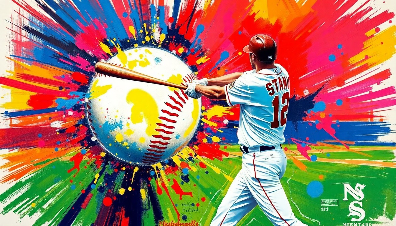 An extreme close-up of Giancarlo Stanton's powerful baseball swing, captured in a vibrant, expressionist style with rapid brushstrokes and neon colors, conceptually representing the raw energy and unpredictability of his unorthodox hit.