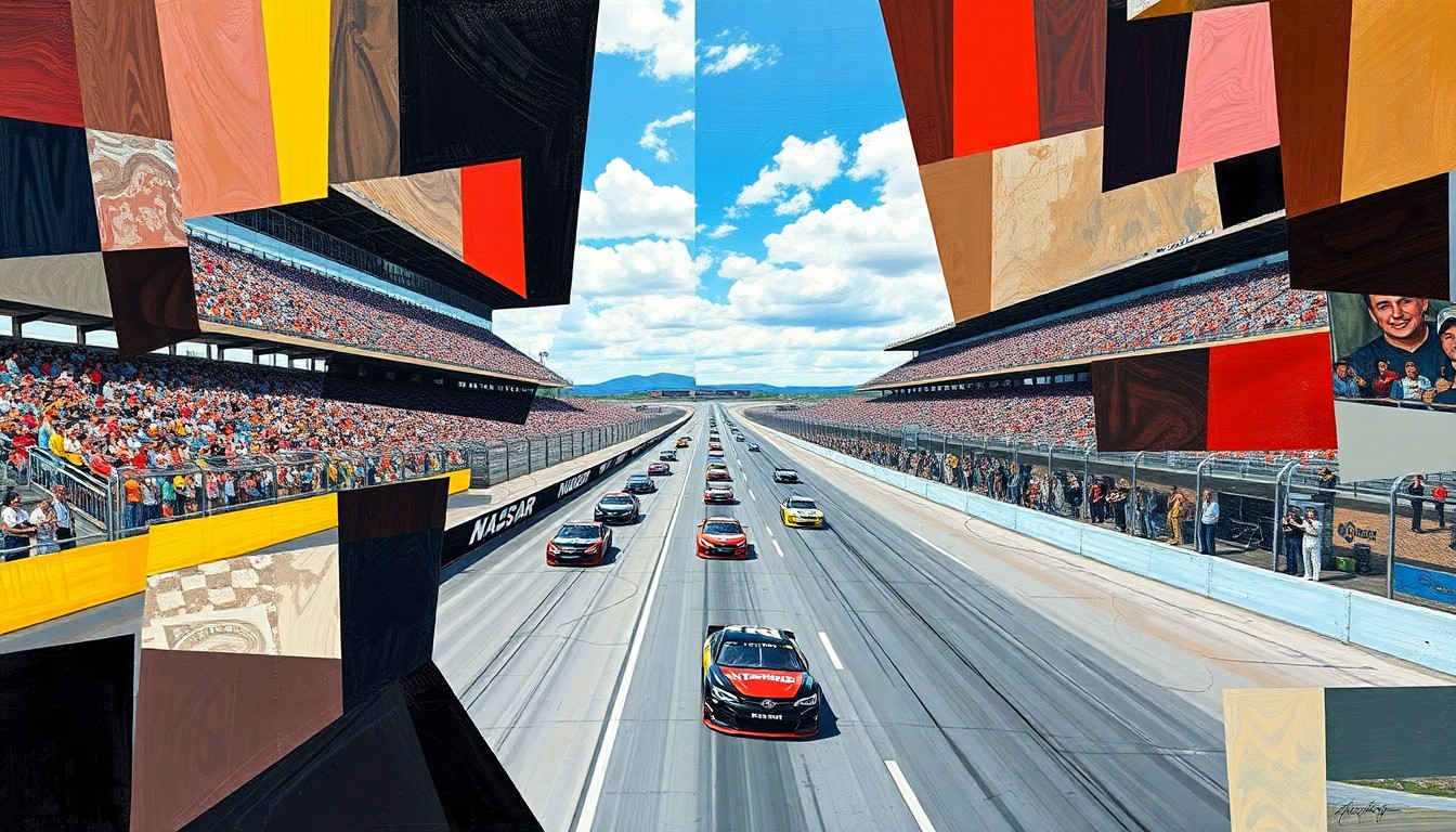 A cubist, geometric painting depicting a NASCAR race at Talladega Superspeedway, with the track, cars, and spectators broken down into sharp, overlapping planes of color and shape.
