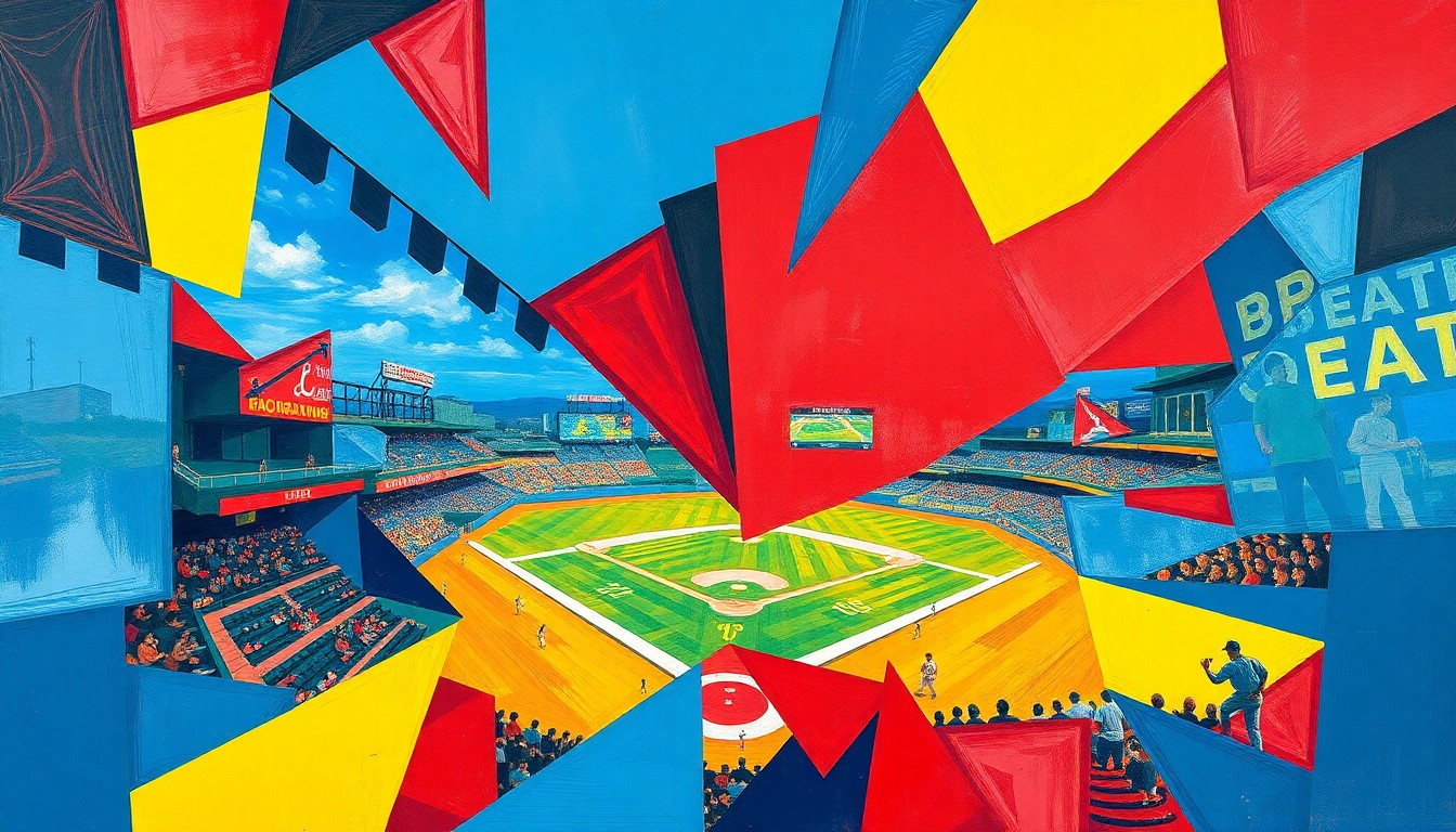 A fragmented, geometric painting in bold primary colors depicts the various elements of a baseball game - the pitcher's mound, the batter's box, the outfield - all overlapping and intersecting in a dynamic, abstract composition.