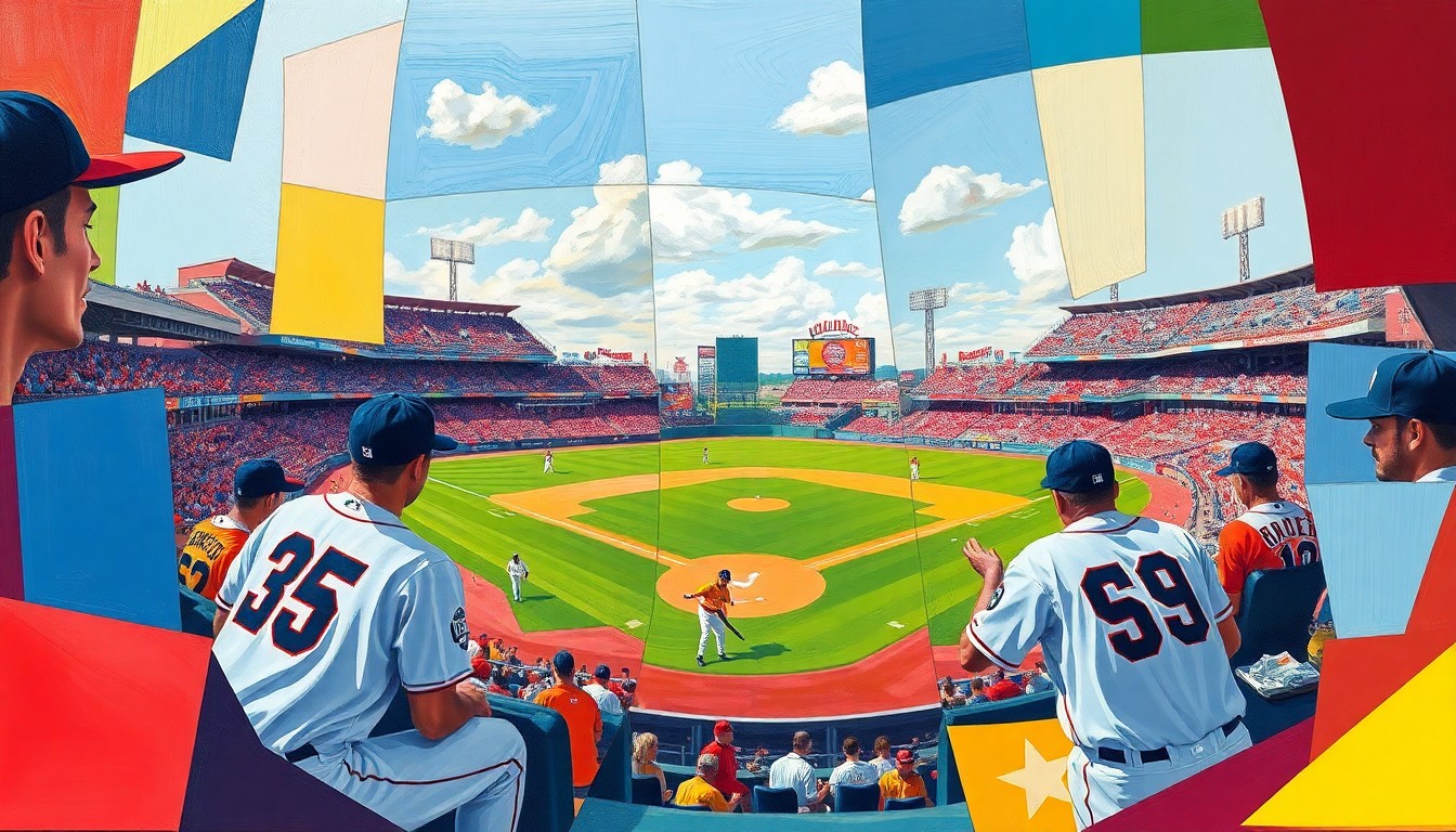 A fragmented, geometric painting depicting the dynamic motion and energy of a minor league baseball game, with the players and field deconstructed into sharp, overlapping shapes and planes of color.