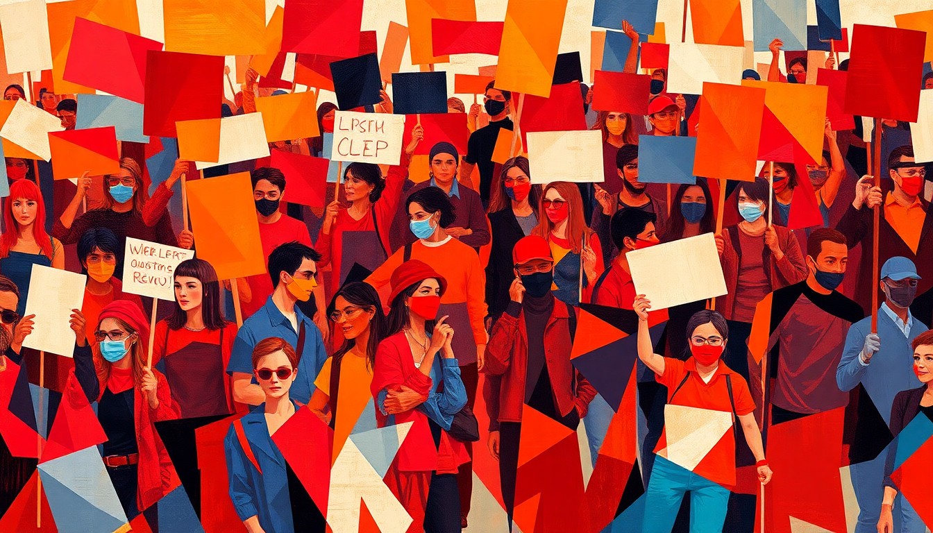 An abstract, expressionist painting of protesters marching with signs, the figures repeated in overlapping, fractured geometric waves of bold colors representing the energy and momentum of the anti-capitalist demonstration.