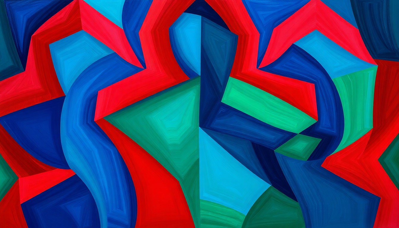 A dynamic, abstract painting featuring overlapping, fractured geometric shapes in shades of blue, green, and red, conceptually representing the competitive political landscape in swing states.