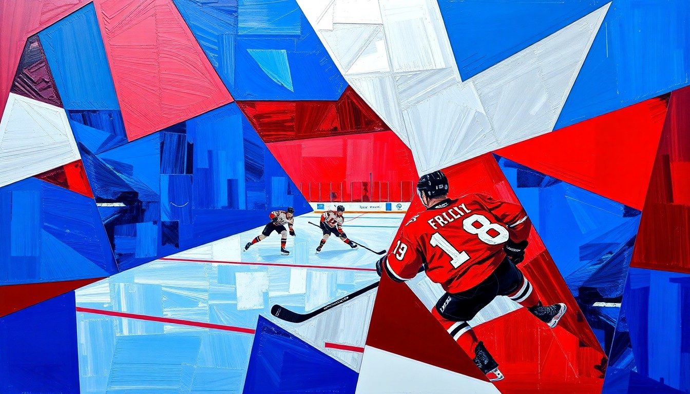 A cubist, geometric painting depicting the dynamic action of a hockey game, with players and the puck fragmented into overlapping planes of vivid blue, red, and silver hues.