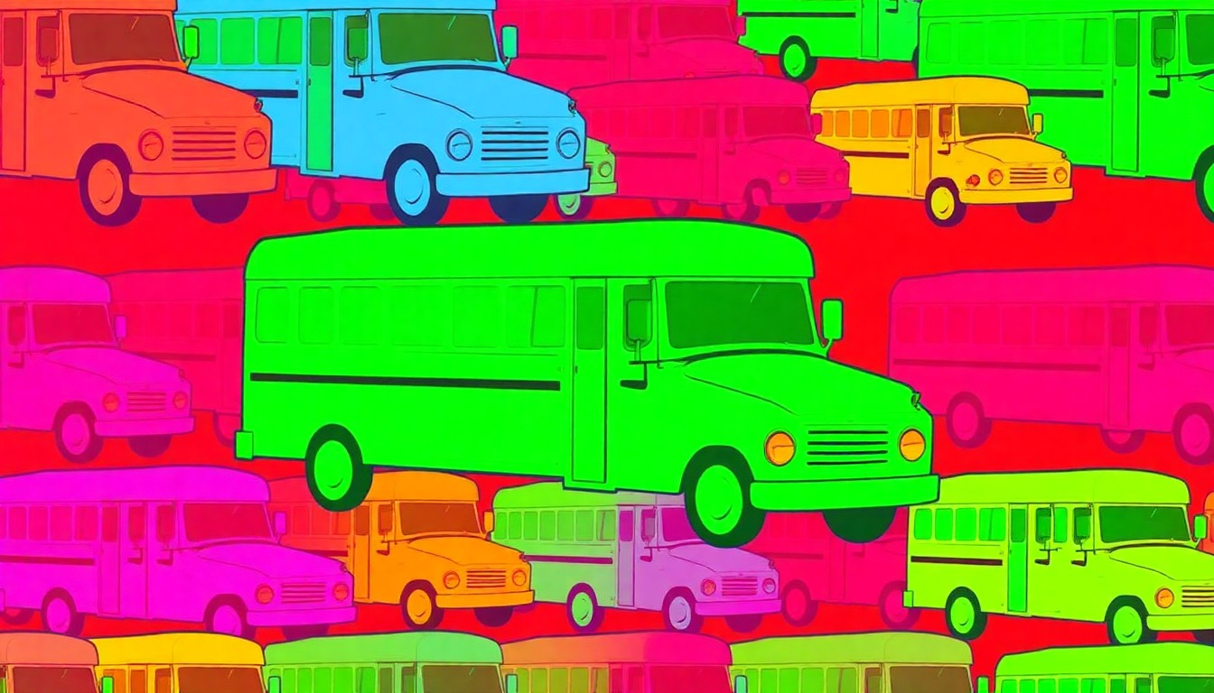 A bold, abstract silkscreen print featuring a grid of stylized school bus icons in neon pink, yellow, and blue, conceptually representing the importance of local education decisions.
