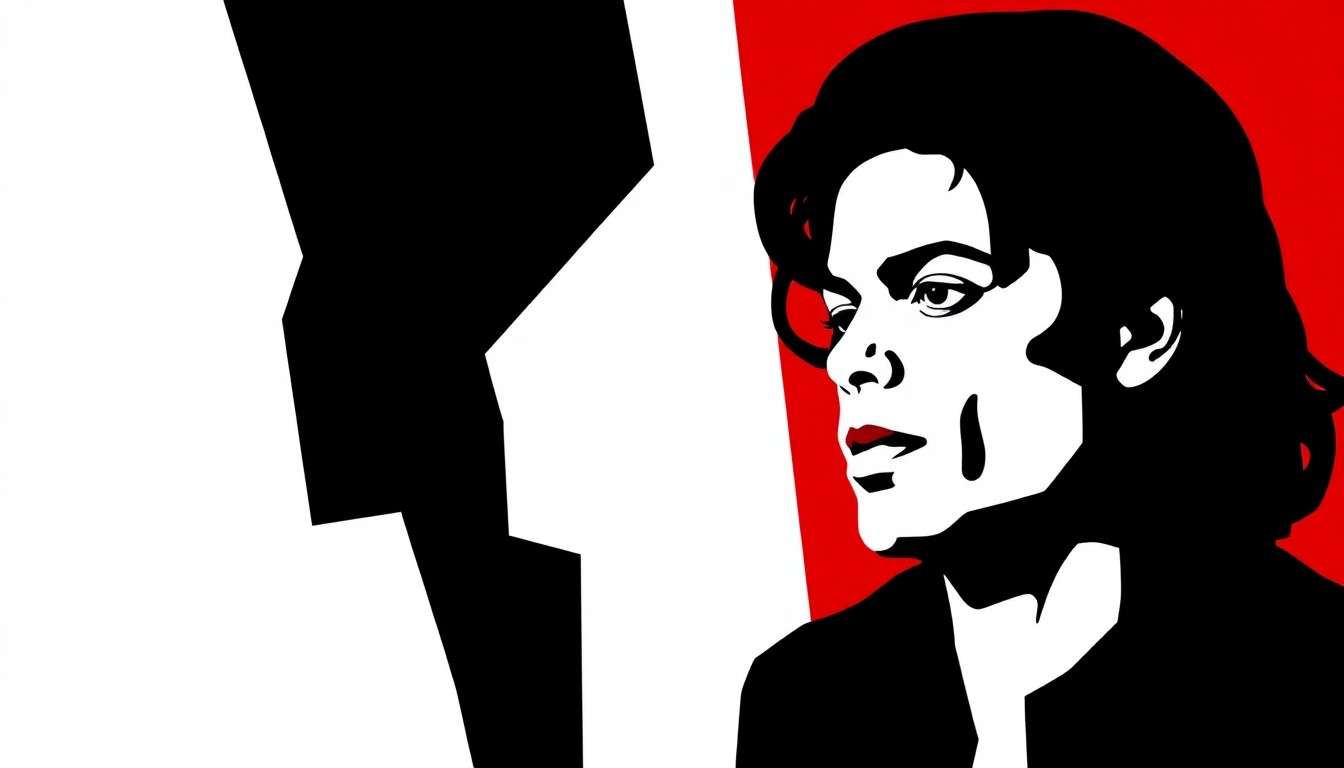 A bold, abstract composition of jagged geometric shapes and stark black silhouettes in high-contrast red and white, conceptually representing the life and legacy of Michael Jackson.