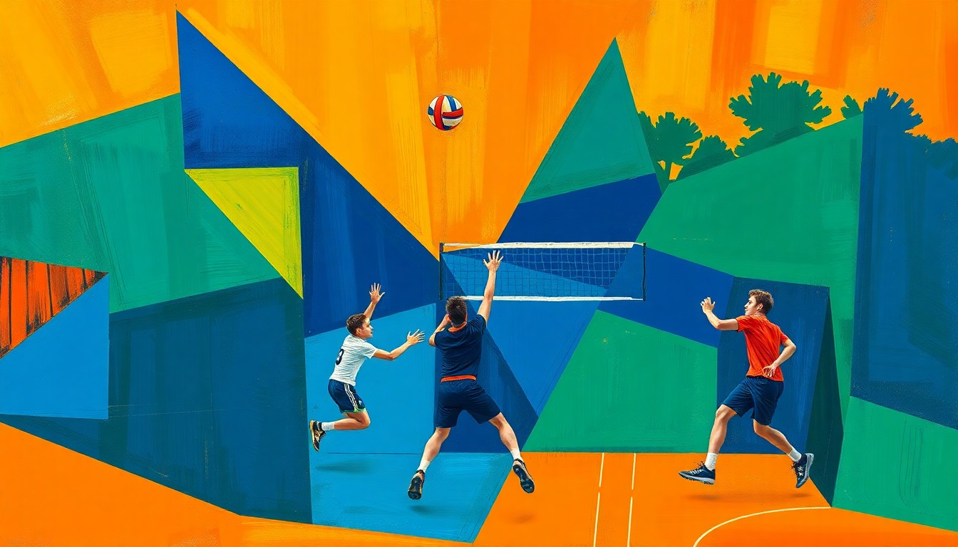 A dynamic, cubist-inspired illustration depicting a boys volleyball match, with the players and court fragmented into sharp, geometric shapes in a bold color scheme, conveying the energy and excitement of this new high school sport.