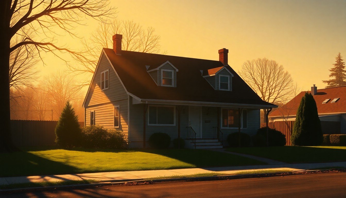 A serene, photorealistic painting of a single-family home in a quiet suburban neighborhood, with warm sunlight casting long shadows across the scene, conveying a sense of nostalgia and the preservation of traditional residential character.
