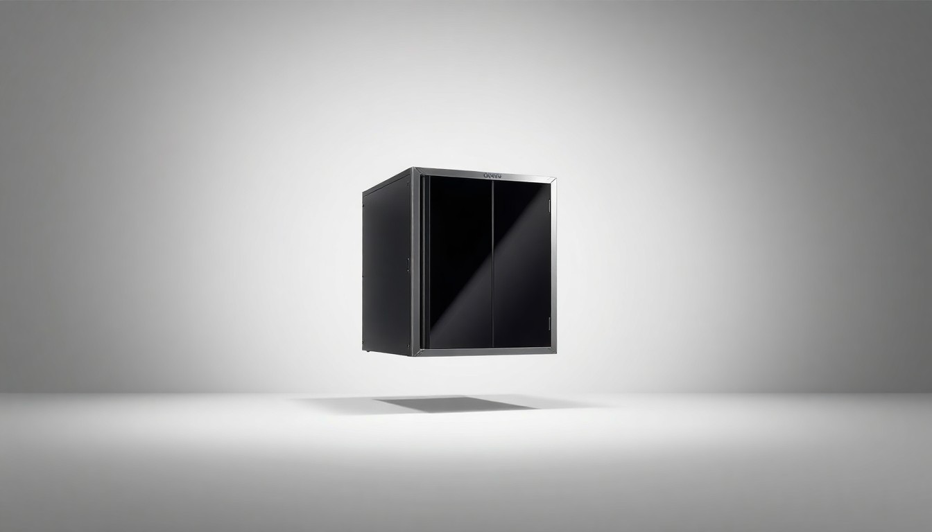 A photorealistic studio still-life image of a sleek, modern data server rack made of polished stainless steel and black tempered glass, floating on a clean, monochromatic background with dramatic studio lighting casting deep shadows, conceptually representing the divisive debate over a proposed data center project in Boulder City.