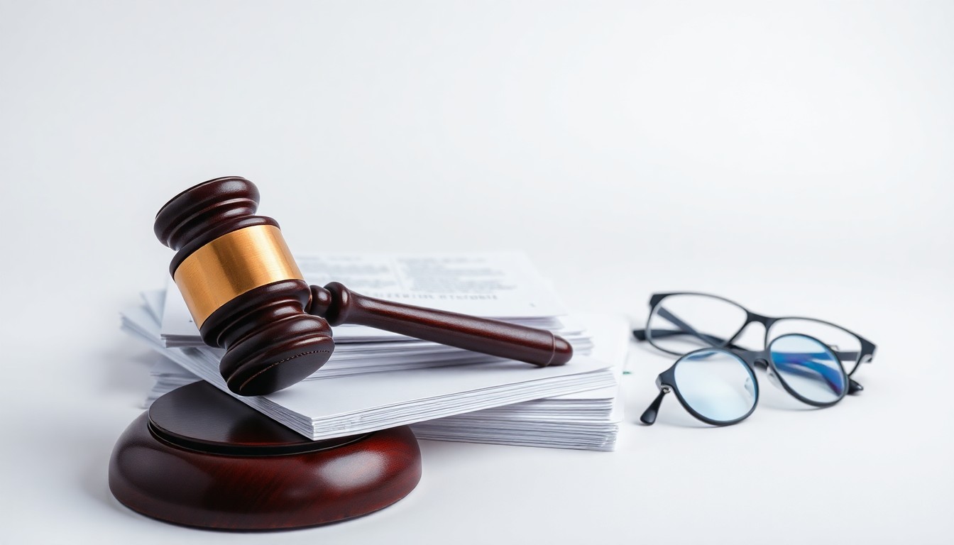 A photorealistic studio still life featuring a stack of legal documents, a gavel, and a pair of eyeglasses, conceptually representing the regulatory review of a proposed corporate merger.