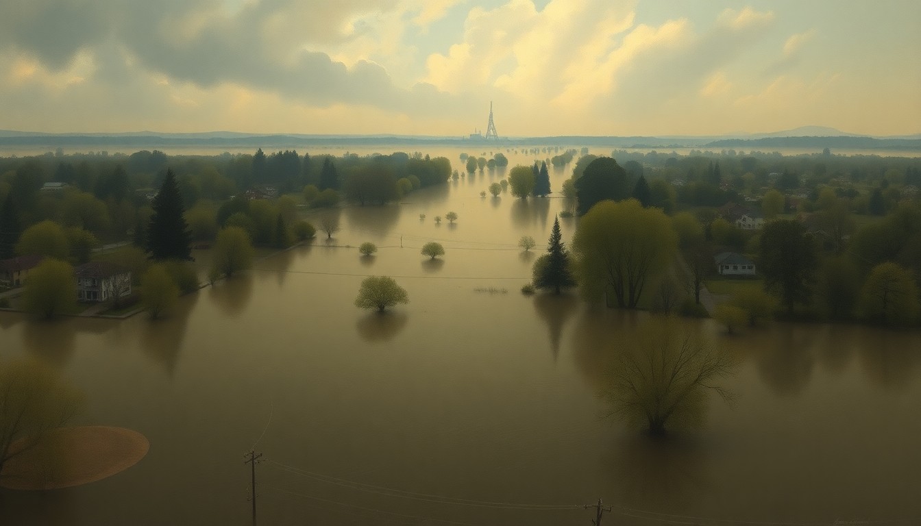 A sweeping, atmospheric landscape painting in muted tones of grey, blue, and green, depicting a flooded West Sacramento neighborhood with only the tops of buildings and trees visible above the murky waters, conveying a sense of the overwhelming power of nature.