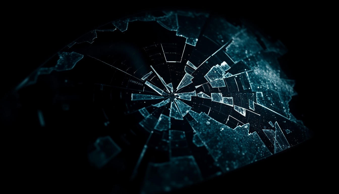 An extreme close-up photograph of shattered glass from a car window, dramatically lit by a harsh flash against a dark background, conceptually representing the violence and destruction of a fatal car crash.
