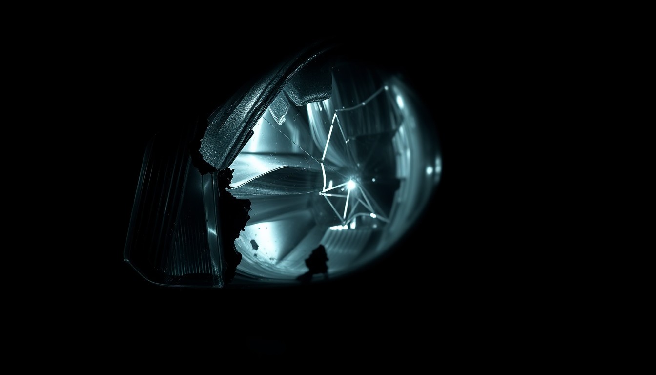 An extreme close-up photograph of a damaged car part, such as a crumpled side mirror or shattered headlight lens, lit by a harsh, direct camera flash against a pitch-black background, conceptually illustrating the investigation into a fatal car crash.