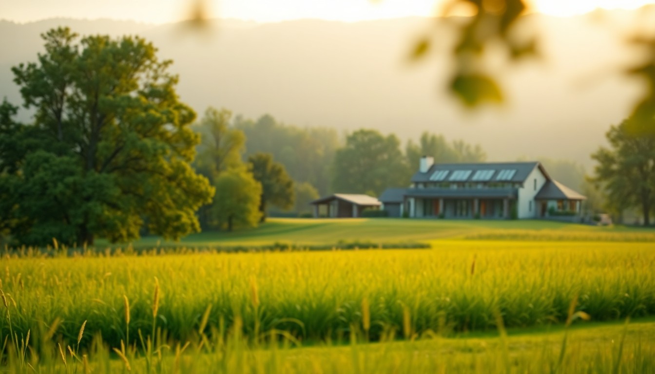 An extremely abstracted, out-of-focus photograph of a large, modern home nestled in a lush, green countryside landscape, with the home's exterior details softened and blurred, creating a warm, dreamlike atmosphere.