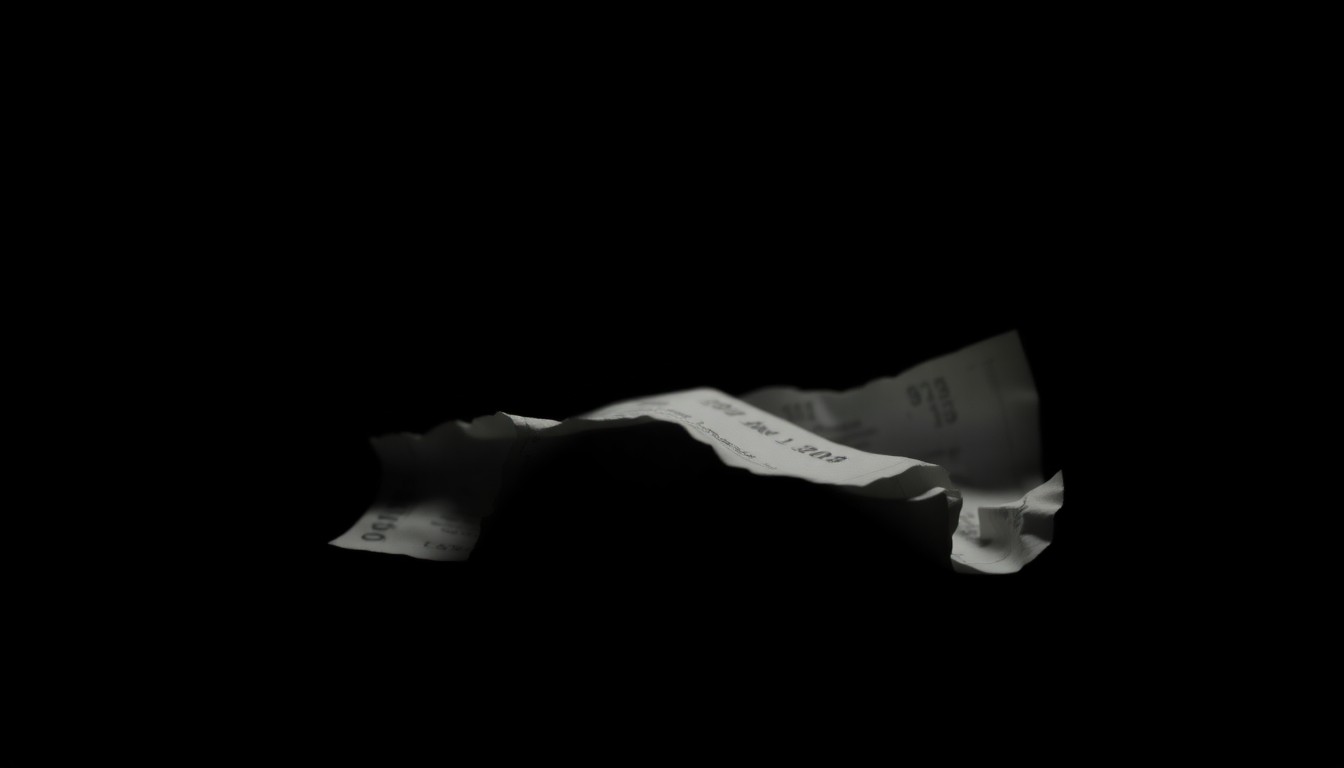 An extreme close-up photograph of a crumpled, torn financial document reflecting a harsh, direct camera flash, conceptually representing the gritty details of a financial crime investigation.