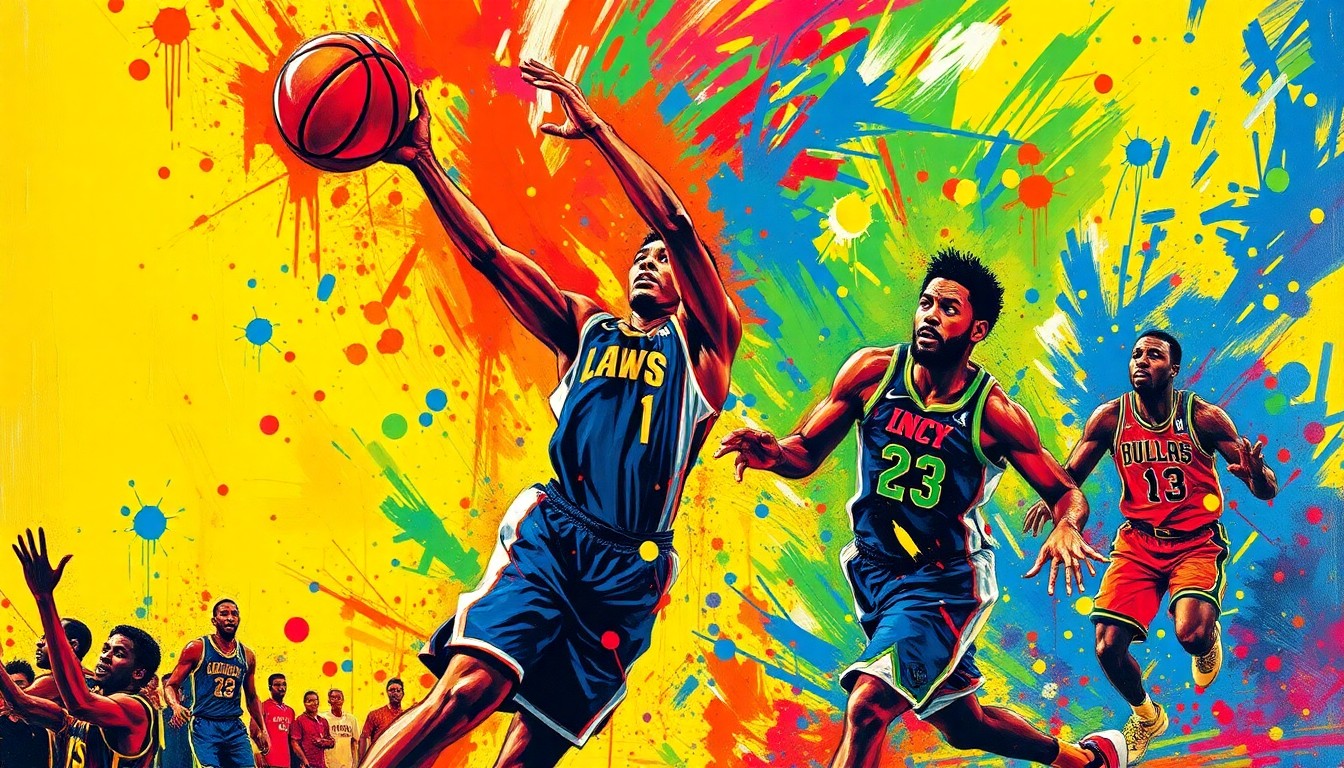 An abstract expressionist painting in vibrant neon colors, with dynamic brushstrokes capturing the kinetic energy of a basketball game, players' forms blending into the energetic composition.