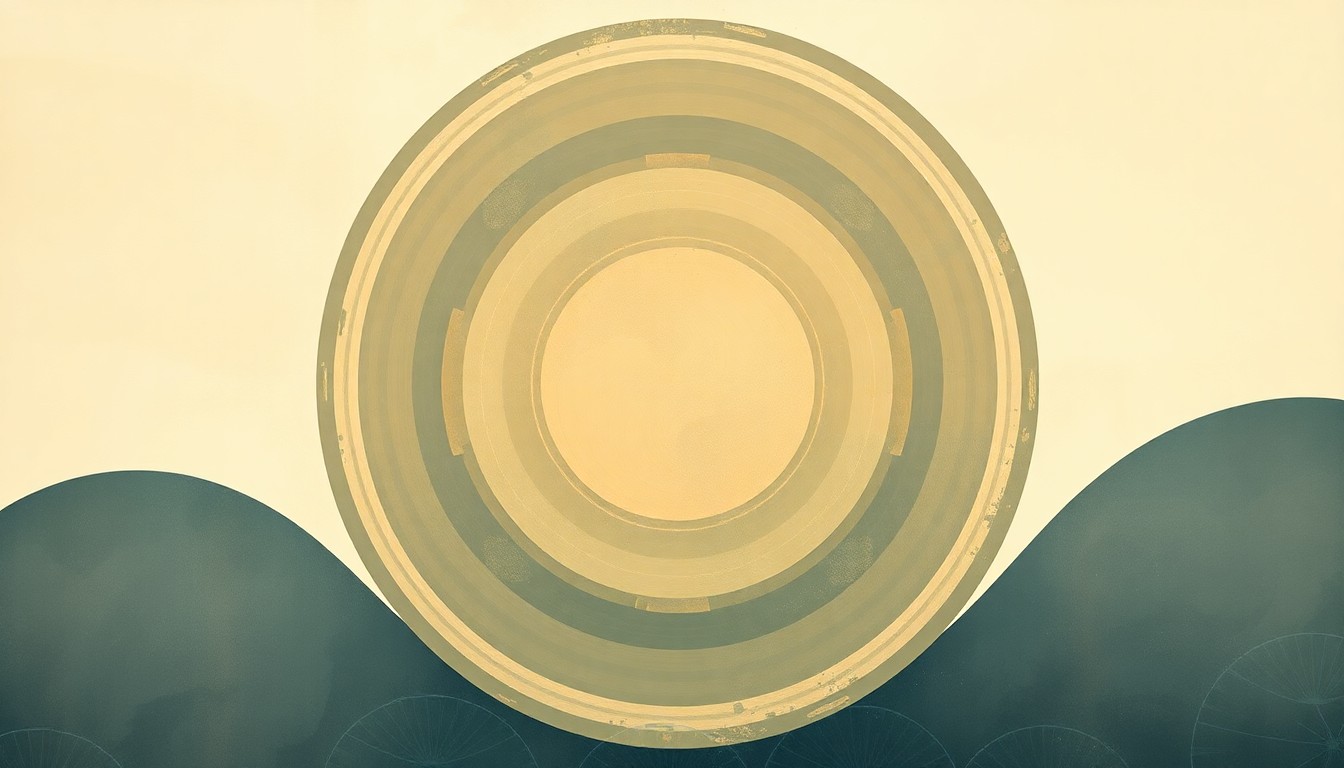 A highly structured abstract painting in muted earthy tones, featuring sweeping geometric arcs, concentric circles, and precise botanical spirals, conceptually representing the Artemis II spacecraft and lunar craters named 'Carroll' and 'Integrity' by the astronaut crew.