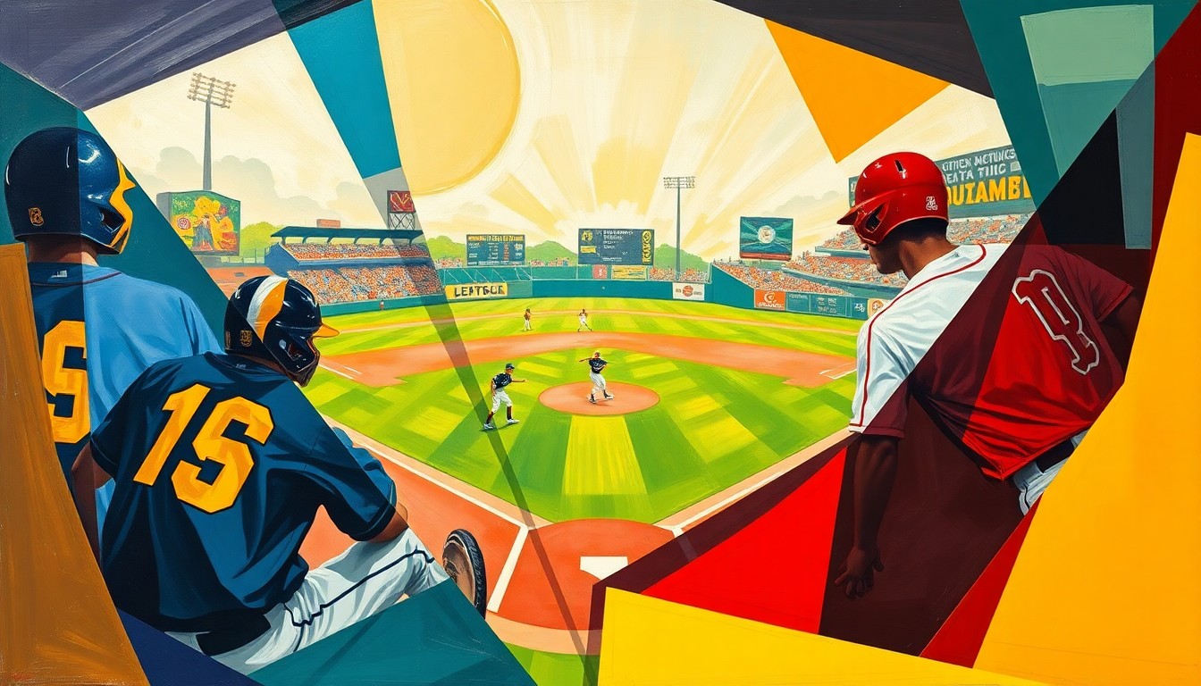 A fractured, geometric painting in vibrant colors representing the intense action and energy of a high school baseball game, with the players' movements and the field itself broken down into sharp, overlapping planes.