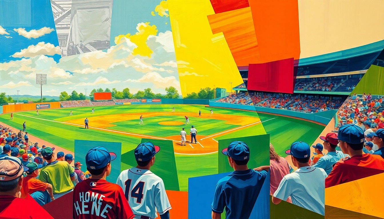 A fragmented, geometric painting depicting the dynamic movements and energy of a high school baseball game, with sharp planes of color representing the players, field, and crowd.