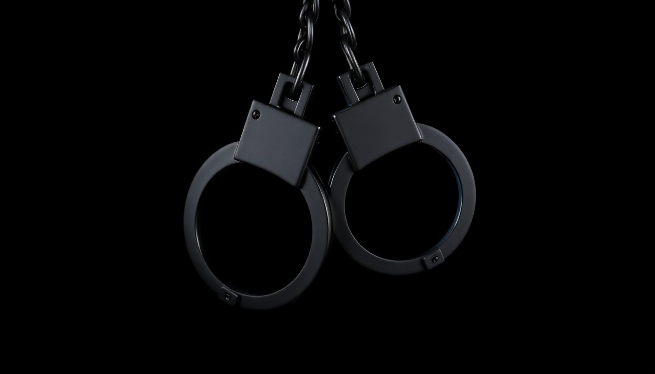 An extreme close-up of a pair of metal handcuffs against a stark black background, conceptually representing the challenges of prosecuting authority figures accused of mistreating incarcerated youth.
