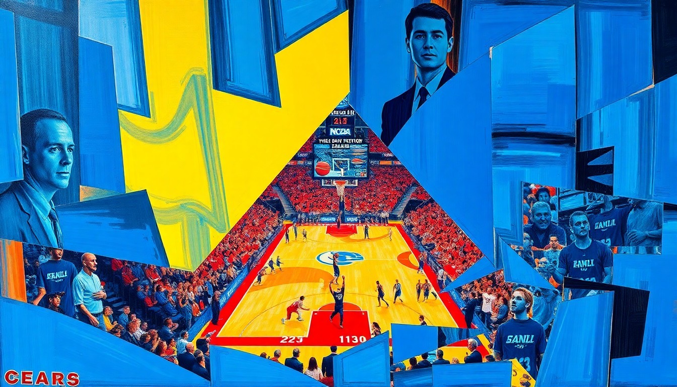 A cubist, geometric painting featuring overlapping planes of blue, yellow, and red, conceptually representing the dramatic conclusion of the NCAA Men's Basketball Championship game.