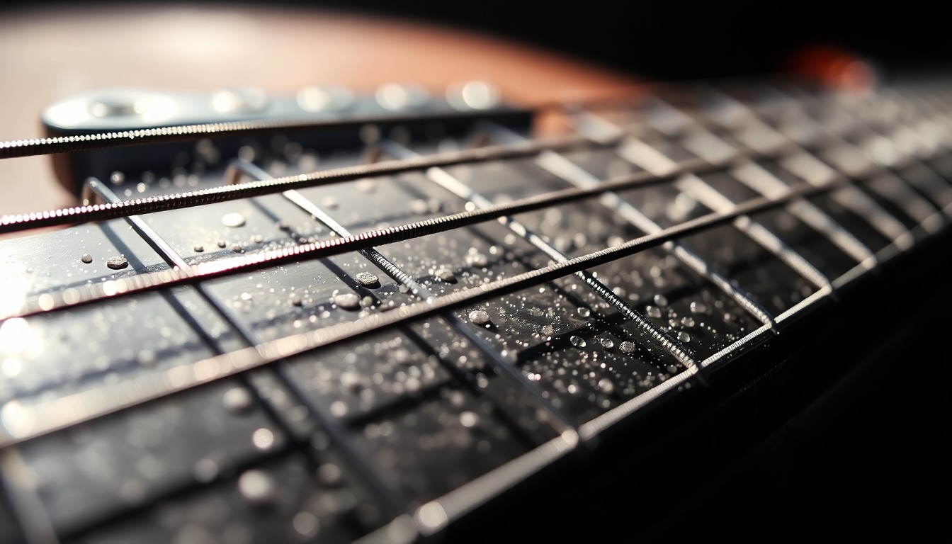 An abstract close-up photograph of shimmering guitar strings, bathed in dramatic high-contrast studio lighting, conveying the duality of lucky break's music - the dreamy, layered textures and the underlying emotional tension.