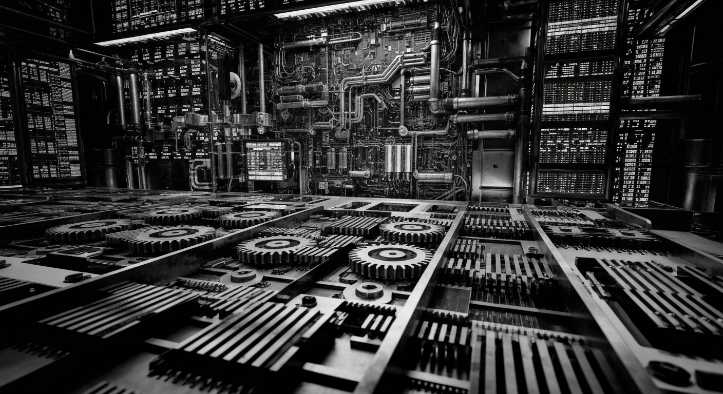 A high-contrast, cinematic close-up of complex financial machinery and mechanisms, such as gears, circuits, and data displays, conveying the power, complexity, and automation underlying modern financial systems.