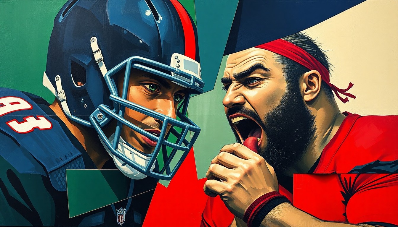 A cubist, geometric painting depicting the fragmented forms of a football lineman and a wrestler, conveying the energy and dynamism of their sports through an abstract, multi-angled composition.