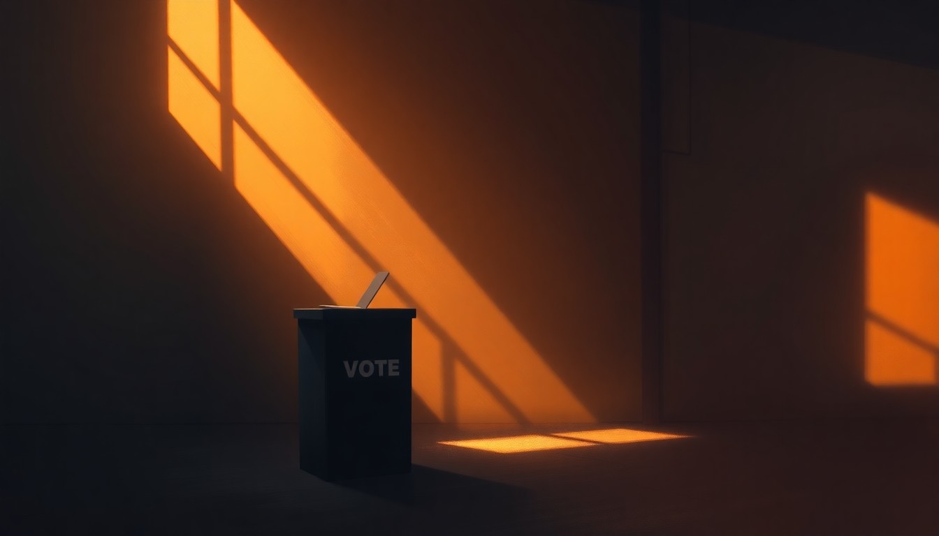 A photorealistic painting of a lone ballot box sitting on a wooden table, bathed in warm, golden sunlight that casts deep shadows across the scene, conveying a sense of the solemnity and importance of the democratic process.