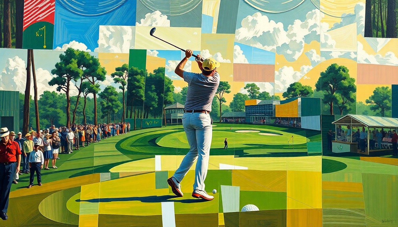 A cubist-style painting depicting a golfer's swing and the iconic Augusta National clubhouse in a fractured, geometric style, conveying the balance and focus required to succeed at the highest level of the sport.