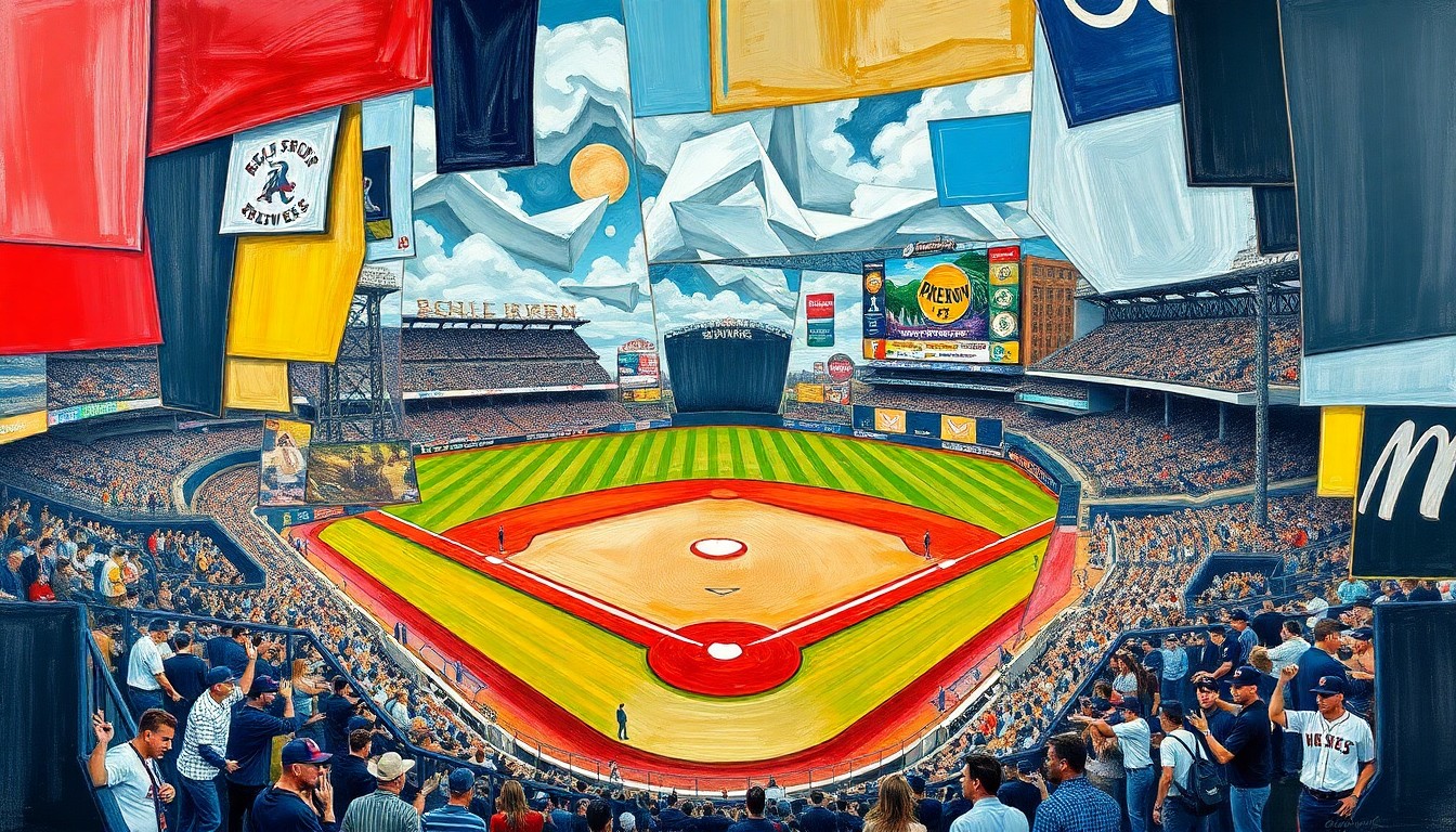 A fractured, multi-perspective painting featuring overlapping geometric shapes and planes in shades of red, blue, and green, conceptually representing the competitive spirit and strategic elements of a baseball game.