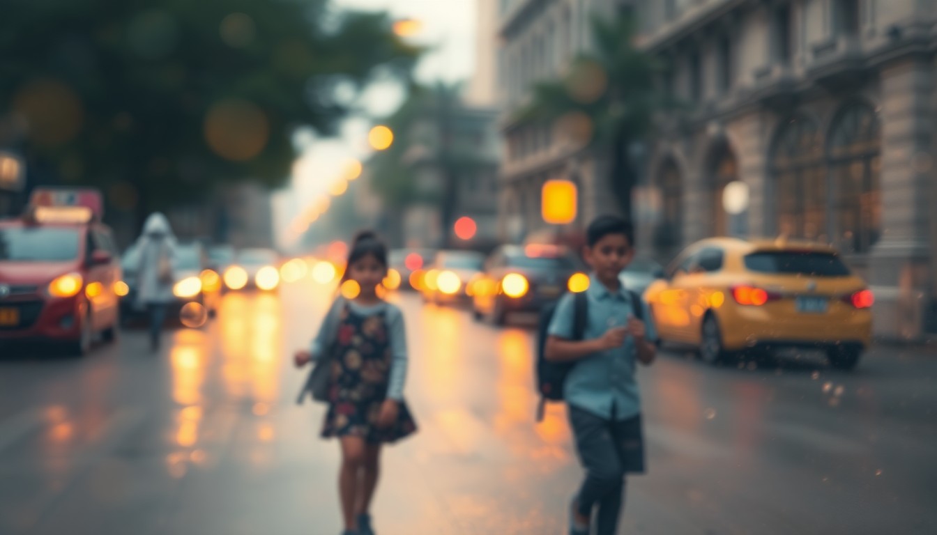 An abstract, impressionistic scene of blurred, indistinct figures walking on a city street, with soft pools of warm color and light creating a melancholy, atmospheric mood.