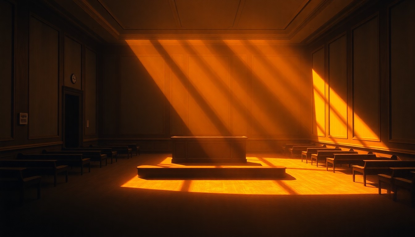 A dimly lit, empty courtroom with warm sunlight streaming in through the windows, creating deep shadows and a sense of solemnity and contemplation.